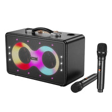 Заредете изображение във визуализатора на галерията – HOCO karaoke set wireless speaker + 2 x wireless microphones LED 40W HA8 black
