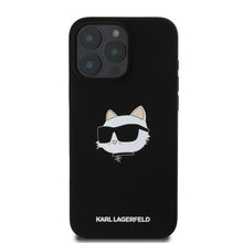 Заредете изображение във визуализатора на галерията – Оригинален гръб KARL LAGERFELD за IPHONE 16 Pro compatible with MagSafe KLHMP16LSCHPPLK (Sil Choupette Head Print) черен
