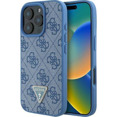Оригинален гръб GUESS за IPHONE 16 GUHCP16SP4TDPB (PU Leather 4G Triangle Strass) син