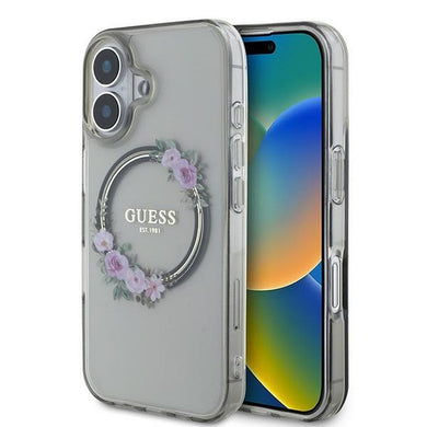 Оригинален гръб GUESS за IPHONE 16 compatible with MagSafe GUHMP16SHFWFCK (IML Flowers Wreath) черен