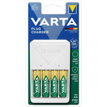 Заредете изображение във визуализатора на галерията – VARTA PLUG ЗАРЯДНО 57657 + 4 x акумулаторна батерия R6 (AA) 2100 mAh
