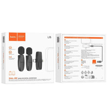 Заредете изображение във визуализатора на галерията – HOCO 2 x lavalier wireless microphone Lightning / Type C L15 black
