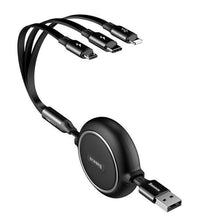 Заредете изображение във визуализатора на галерията – Baseus Golden Loop retractable 3in1 USB cable - micro USB / Lightning / USB-C 3.5A 35cm - 120cm black (CAMLT-JH01)
