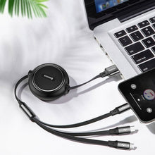 Заредете изображение във визуализатора на галерията – Baseus Golden Loop retractable 3in1 USB cable - micro USB / Lightning / USB-C 3.5A 35cm - 120cm black (CAMLT-JH01)
