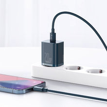 Заредете изображение във визуализатора на галерията – Baseus Super Si 1C fast wall charger USB Type C 20 W Power Delivery + USB Type C - Lightning cable 1m blue (TZCCSUP-B03)
