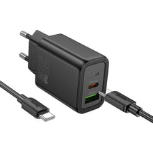 Заредете изображение във визуализатора на галерията – HOCO wall charger USB A + Type C + cable Type C to Lightning PD QC3.0 3A 20W N61 black
