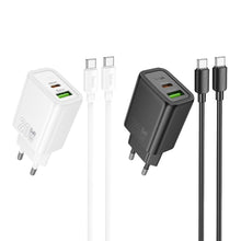 Заредете изображение във визуализатора на галерията – HOCO wall charger USB A + Type C + cable Type C to Lightning PD QC3.0 3A 20W N61 black
