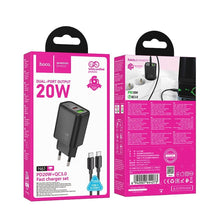 Заредете изображение във визуализатора на галерията – HOCO wall charger USB A + Type C + cable Type C to Lightning PD QC3.0 3A 20W N61 black
