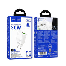 Заредете изображение във визуализатора на галерията – HOCO wall charger USB A + Type C PD QC3.0 3A 30W N63 white
