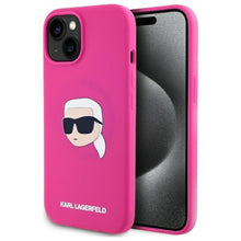 Заредете изображение във визуализатора на галерията – KARL LAGERFELD case for IPHONE 15 compatible with MagSafe KLHMP15SSKHPPLF (SIL KL Head Print) fuschia
