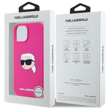 Заредете изображение във визуализатора на галерията – KARL LAGERFELD case for IPHONE 15 compatible with MagSafe KLHMP15SSKHPPLF (SIL KL Head Print) fuschia
