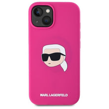 Заредете изображение във визуализатора на галерията – KARL LAGERFELD case for IPHONE 15 compatible with MagSafe KLHMP15SSKHPPLF (SIL KL Head Print) fuschia
