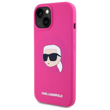 Заредете изображение във визуализатора на галерията – KARL LAGERFELD case for IPHONE 15 compatible with MagSafe KLHMP15SSKHPPLF (SIL KL Head Print) fuschia
