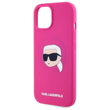 Заредете изображение във визуализатора на галерията – KARL LAGERFELD case for IPHONE 15 compatible with MagSafe KLHMP15SSKHPPLF (SIL KL Head Print) fuschia
