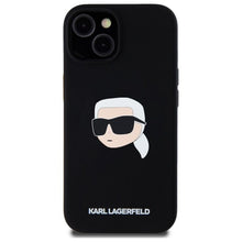 Заредете изображение във визуализатора на галерията – Оригинален гръб KARL LAGERFELD за IPHONE 15 compatible with MagSafe KLHMP15SSKHPPLK (SIL KL Head Print) черен
