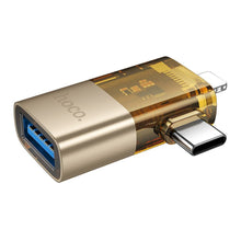 Заредете изображение във визуализатора на галерията – HOCO adapter OTG 2in1 Lightning (male) / Type C (male) to USB A (female) UA36E gold
