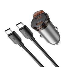 Заредете изображение във визуализатора на галерията – HOCO car charger 2 x Type C + cable Type C to Type C PD QC 45W NZ16B metal gray
