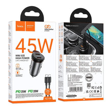Заредете изображение във визуализатора на галерията – HOCO car charger 2 x Type C + cable Type C to Type C PD QC 45W NZ16B metal gray
