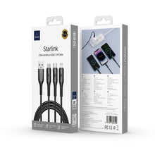 Заредете изображение във визуализатора на галерията – WiWU - Starlink Series Data Cable Wi-045E 3w1 USB A to USB C, Micro USB, Lightning 3,1A 1m - black
