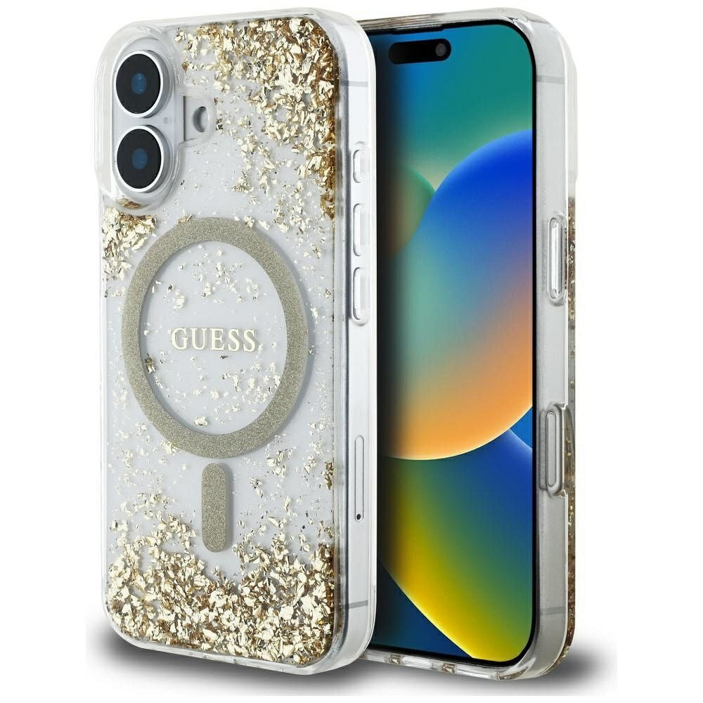 GUESS case for IPHONE 16 compatible with MagSafe GUHMP16SRGRGED (Resin Bottom Glitter) gold