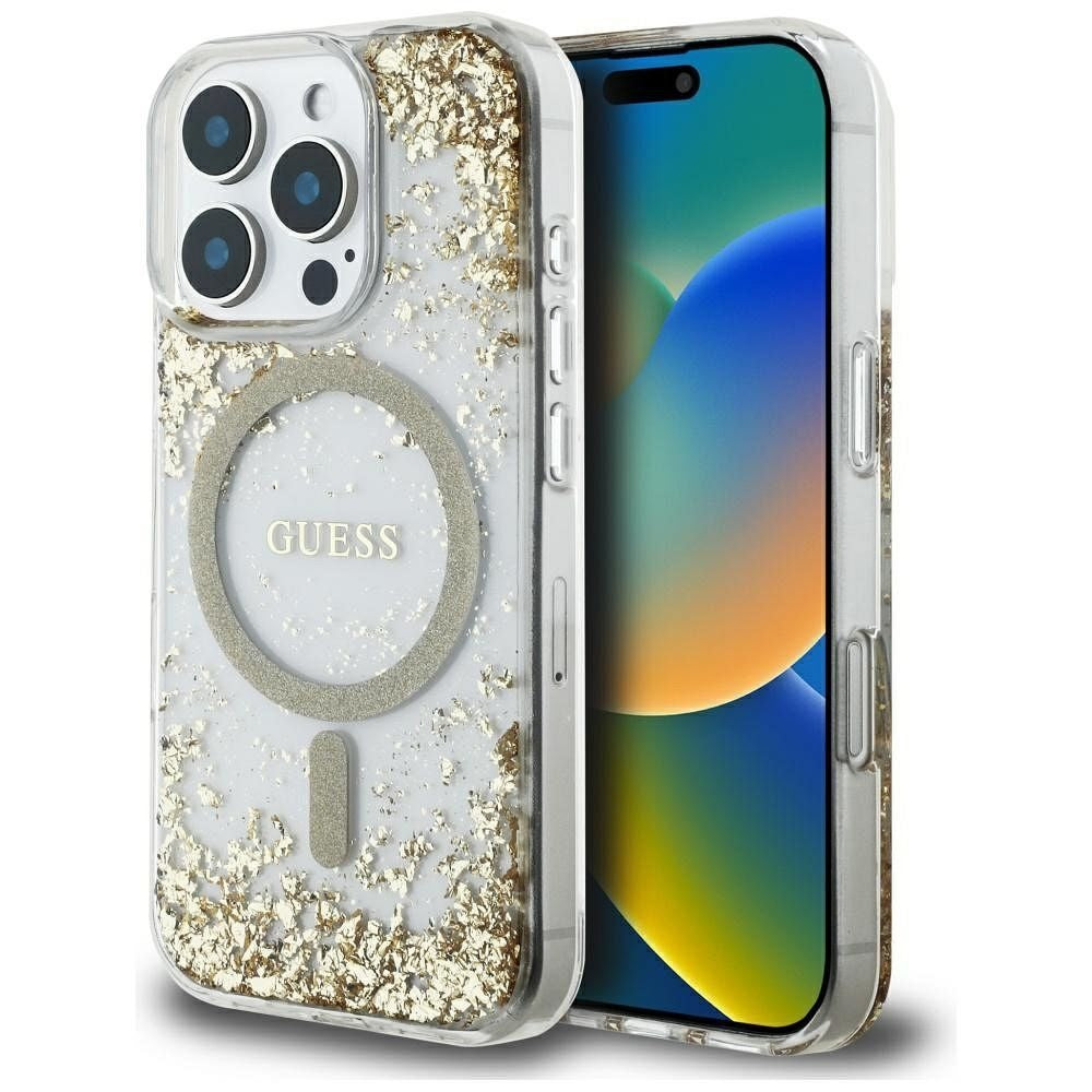 Оригинален гръб GUESS за IPHONE 16 Pro compatible with MagSafe GUHMP16LRGRGED (Resin Bottom Glitter) златист