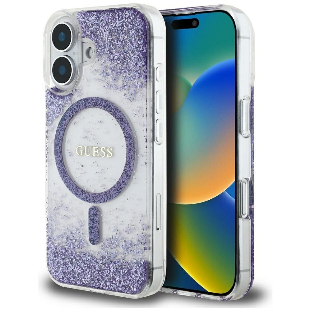 GUESS case for IPHONE 16 compatible with MagSafe GUHMP16SRGRGEU (Resin Bottom Glitter) purple