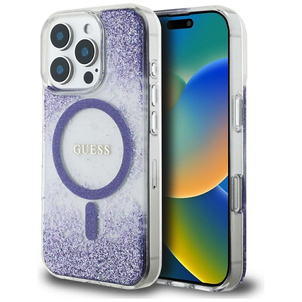Оригинален гръб GUESS за IPHONE 16 Pro compatible with MagSafe GUHMP16LRGRGEU (Resin Bottom Glitter) лилав