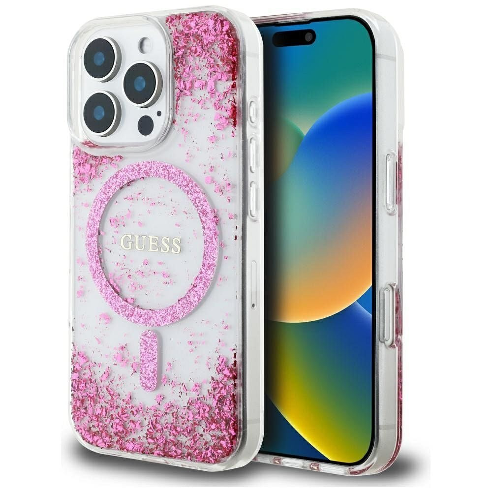 Оригинален гръб GUESS за IPHONE 16 Pro compatible with MagSafe GUHMP16LRGRGEP (Resin Bottom Glitter) розов