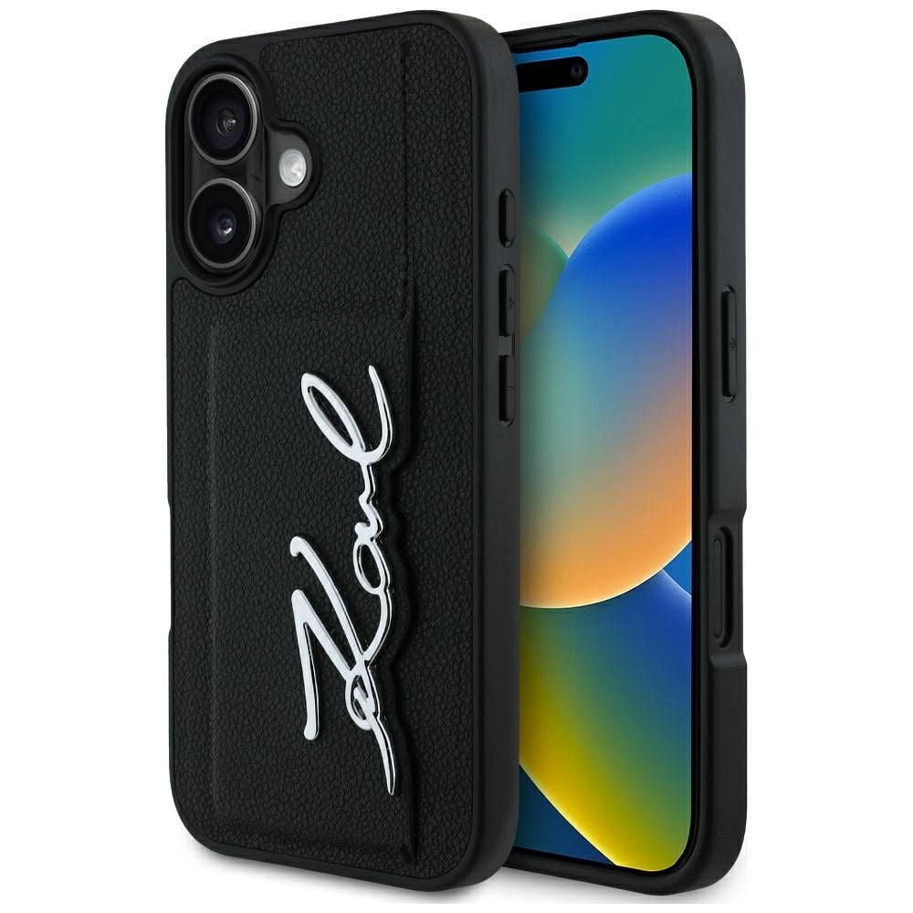 KARL LAGERFELD case for IPHONE 16 KLHCP16SPGPVKSK (Grained PU Cardslot Metal Signature) black