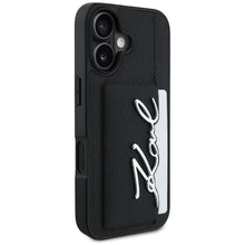 Заредете изображение във визуализатора на галерията – KARL LAGERFELD case for IPHONE 16 KLHCP16SPGPVKSK (Grained PU Cardslot Metal Signature) black
