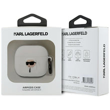 Заредете изображение във визуализатора на галерията – KARL LAGERFELD case for APPLE AirPods 4 KLA4RUNIKH (3D SIL NFT K) white
