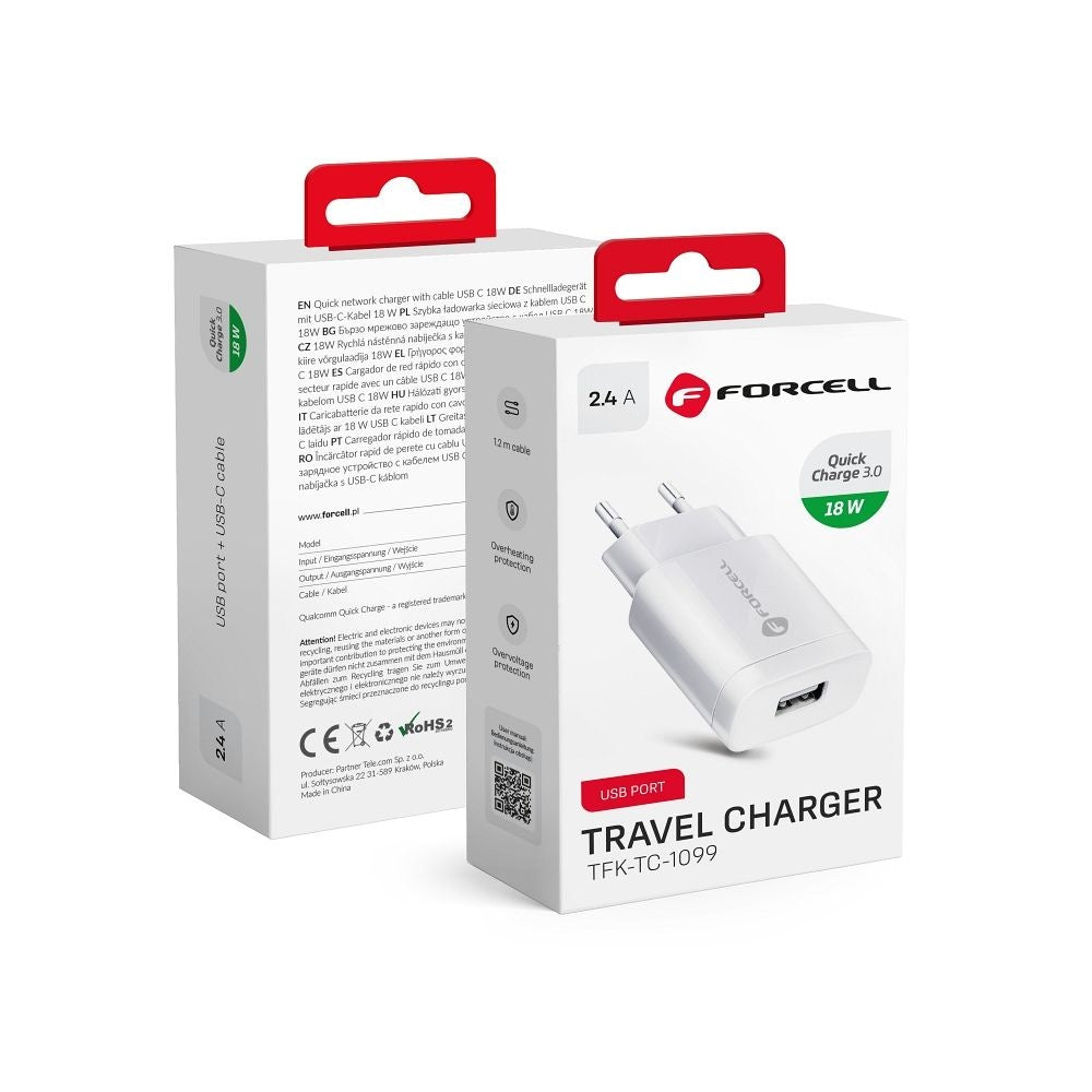 FORCELL F-ENERGY TFK-TC-1099 зарядно за пътуване USB A QC3.0 2,4A 18W бяло