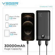 Външна батерия Veger L30 (W3008PD) PD QC3.0 3A 20W 30000 mAh - черна