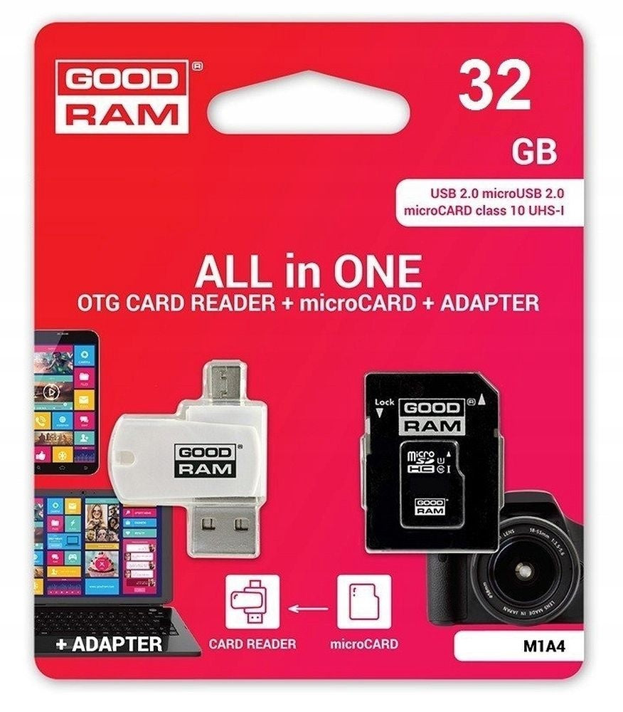 GOODRAM четец на карти USB A + Micro USB ALL IN ONE M1A4 + карта памет micro SD 32GB с адаптер SD