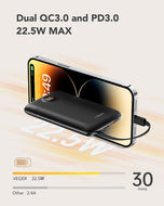 Външна батерия Veger C11 (W1170) PD QC3.0 2A 22,5W 10000 mAh с вградени кабели USB C / Lightning - черна