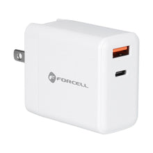 Заредете изображение във визуализатора на галерията – FORCELL F-ENERGY TFK-TC-45WPDAC зарядно за пътуване 3в1 Type C + USB A PD QC4.0 3A 45W с подменяеми щепсели (EU / UK / US) бяло
