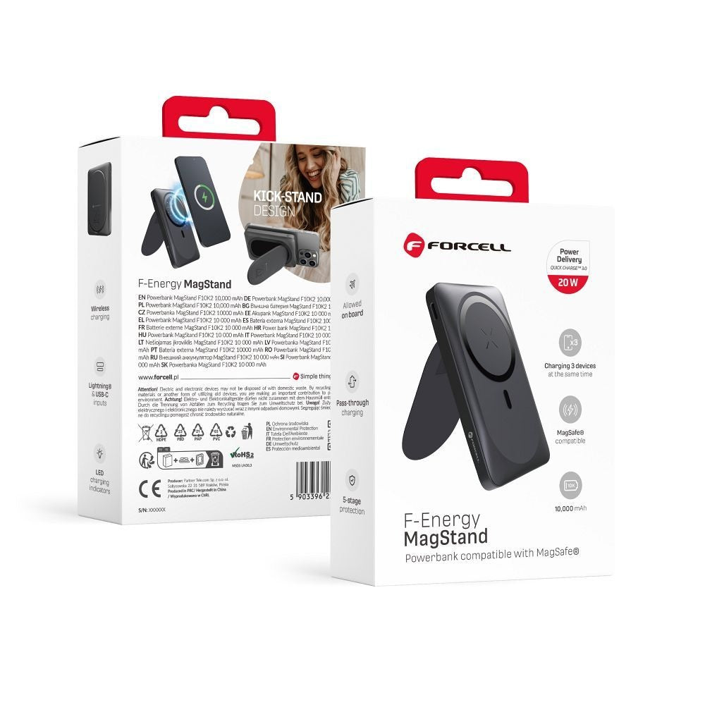 FORCELL F-ENERGY F10K2 MagStand преносима батерия, съвместима с MagSafe PD QC3.0 5A 20W 10 000 mAh черна