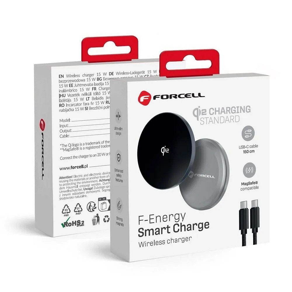 FORCELL F-ENERGY Smart Charge Qi2 15W wireless charger with 150cm detachable cable compatible with MagSafe silver