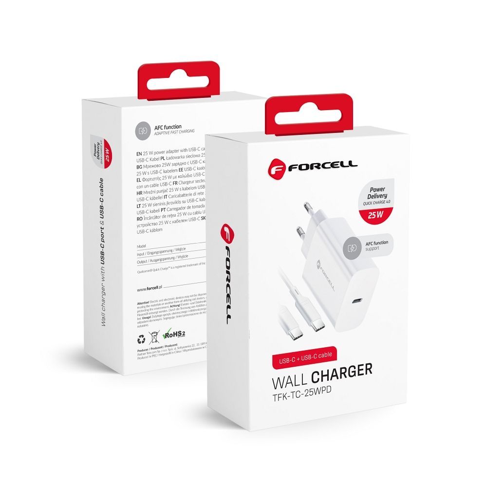 FORCELL F-ENERGY TFK-TC-25WPD зарядно за пътуване Type C + кабел Type C към Type C PD Q.C 3A 25W бяло