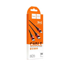 Заредете изображение във визуализатора на галерията – Кабел Hoco 3in1 USB A to Lightning / Micro USB / Type C 2A X26 1 m черен червен
