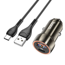 Заредете изображение във визуализатора на галерията – HOCO зарядно за кола USB A + Type C + кабел USB A към Type C PD QC3.0 3A 20W Z46A метално сиво
