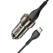 Заредете изображение във визуализатора на галерията – HOCO зарядно за кола USB A + Type C + кабел USB A към Type C PD QC3.0 3A 20W Z46A метално сиво
