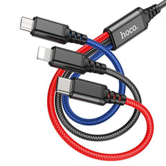 Кабел Hoco 3in1 USB A to Lightning / Micro USB / Type C 2A X76 1 m черен / червен / син