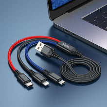 Заредете изображение във визуализатора на галерията – Кабел Hoco 3in1 USB A to Lightning / Micro USB / Type C 2A X76 1 m черен / червен / син
