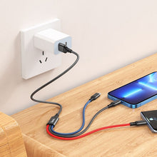 Заредете изображение във визуализатора на галерията – Кабел Hoco 3in1 USB A to Lightning / Micro USB / Type C 2A X76 1 m черен / червен / син
