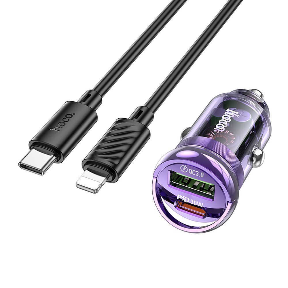 HOCO зарядно за кола USB A + Type C + кабел Type C към Lightning PD QC3.0 3A 30W Z53A лилаво