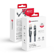 Заредете изображение във визуализатора на галерията – FORCELL F-ENERGY C241 4in1 cable Type C / USB A to Type C / Lightning QC PD 3A 60W 1 m chrome
