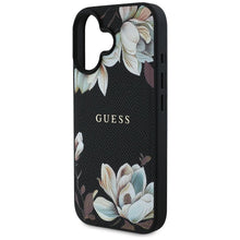 Заредете изображение във визуализатора на галерията – Оригинален гръб GUESS за IPHONE 16 compatible with MagSafe GUHMP16SPGNMPLMK (PU Grained Flowers Classic Logo) черен
