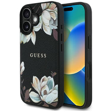 Заредете изображение във визуализатора на галерията – Оригинален гръб GUESS за IPHONE 16 compatible with MagSafe GUHMP16SPGNMPLMK (PU Grained Flowers Classic Logo) черен

