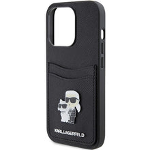 Заредете изображение във визуализатора на галерията – Karl Lagerfeld Saffiano Cardslot Karl&amp;Choupette Metal Pin case for iPhone 15 Pro - black
